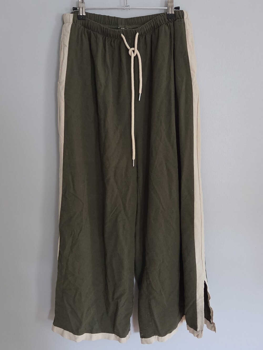 Olive Wide-Leg Drawstring Track Pants with Cream Trim